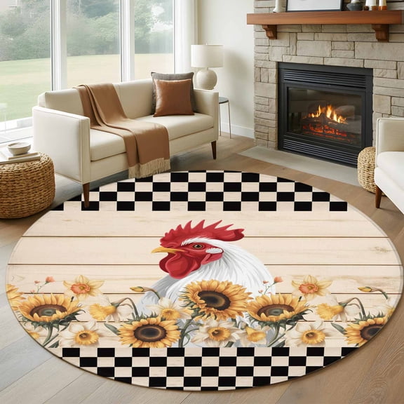 Round Rugs 5Ft, Sunflowers Rooster Round Area Rug Washable Indoor Throw Carpet, Farmhouse Vintage Beige Wooden Plaid Soft Non Slip Circle Rug for Cabinet Bathroom Home Decor Aesthetic