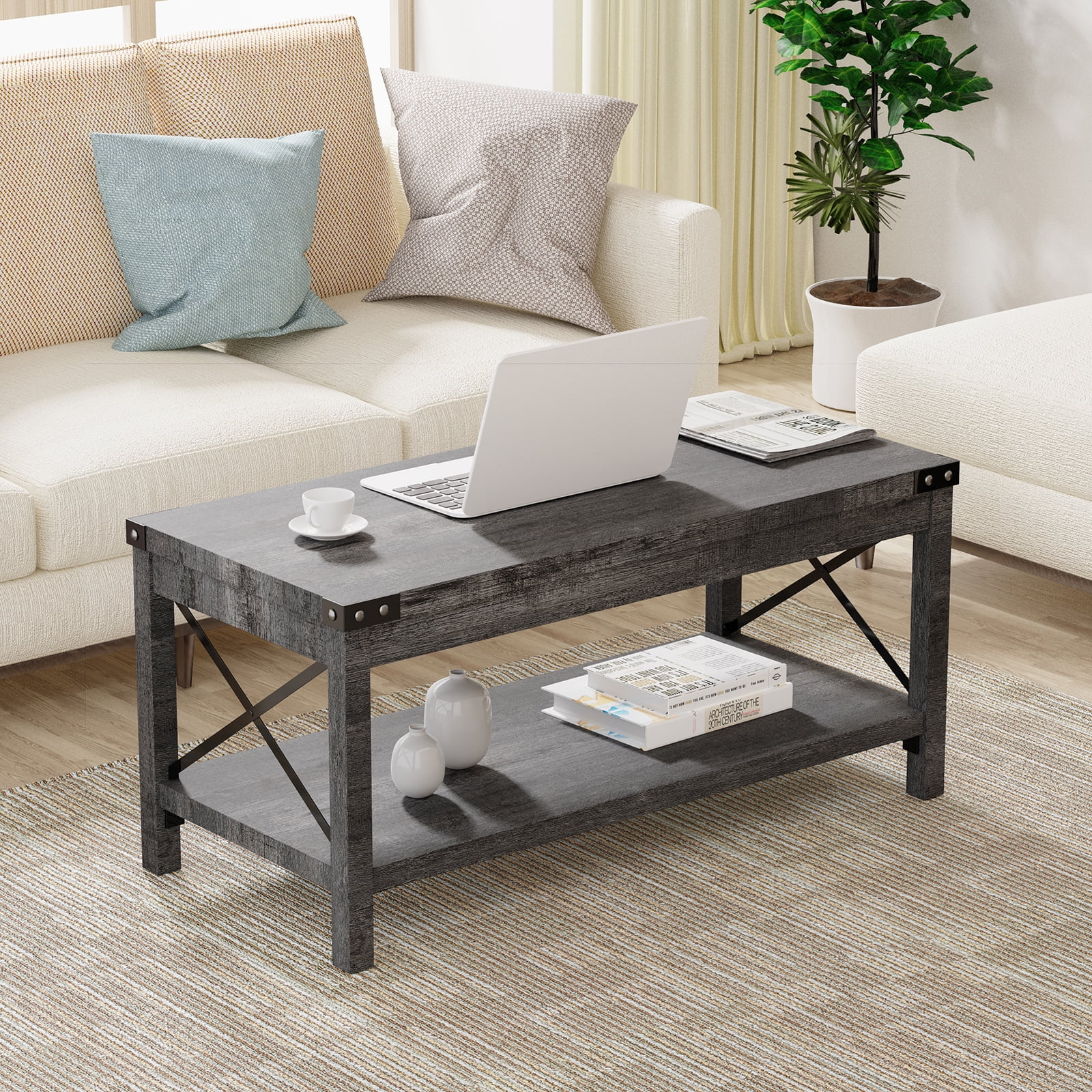 Duerer Rectangular Storage Coffee Table, Wood Metal Grey Modern