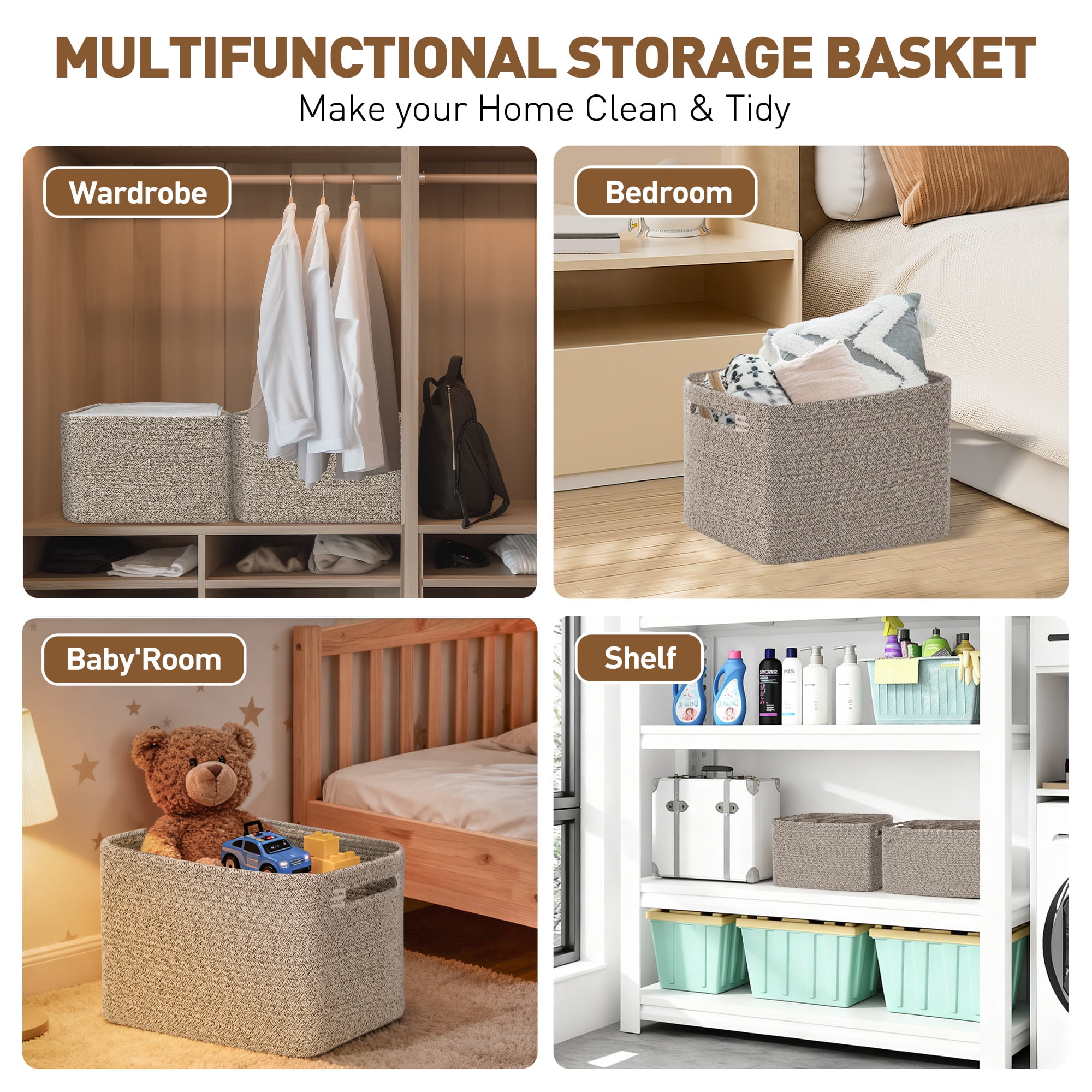 3 Pack Storage Basket, 11"x11"x9" (18L) Rectangle Woven Baskets for Storage, Cotton Rope Basket for toys, Towel Baskets, Closet Organizer Bins Shelves Organizer, Decorative Basket(Brown)