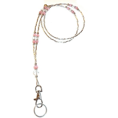 Hidden Hollow Beads Pink Crystal Women's Beaded Fashion Lanyard Necklace, Jewelry ID Badge and Key Holder, 34 in.