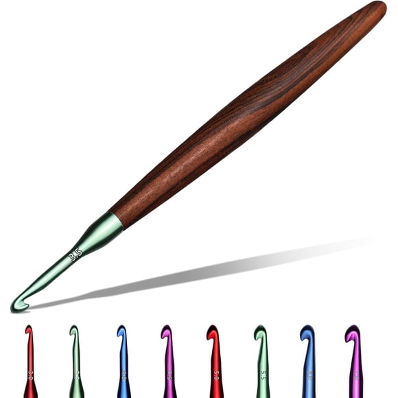 This set includes 5 crochet hooks with an ergonomic design, featuring colorful aluminum hooks and wooden handles, perfect for knitting with yarn.,3.5mm