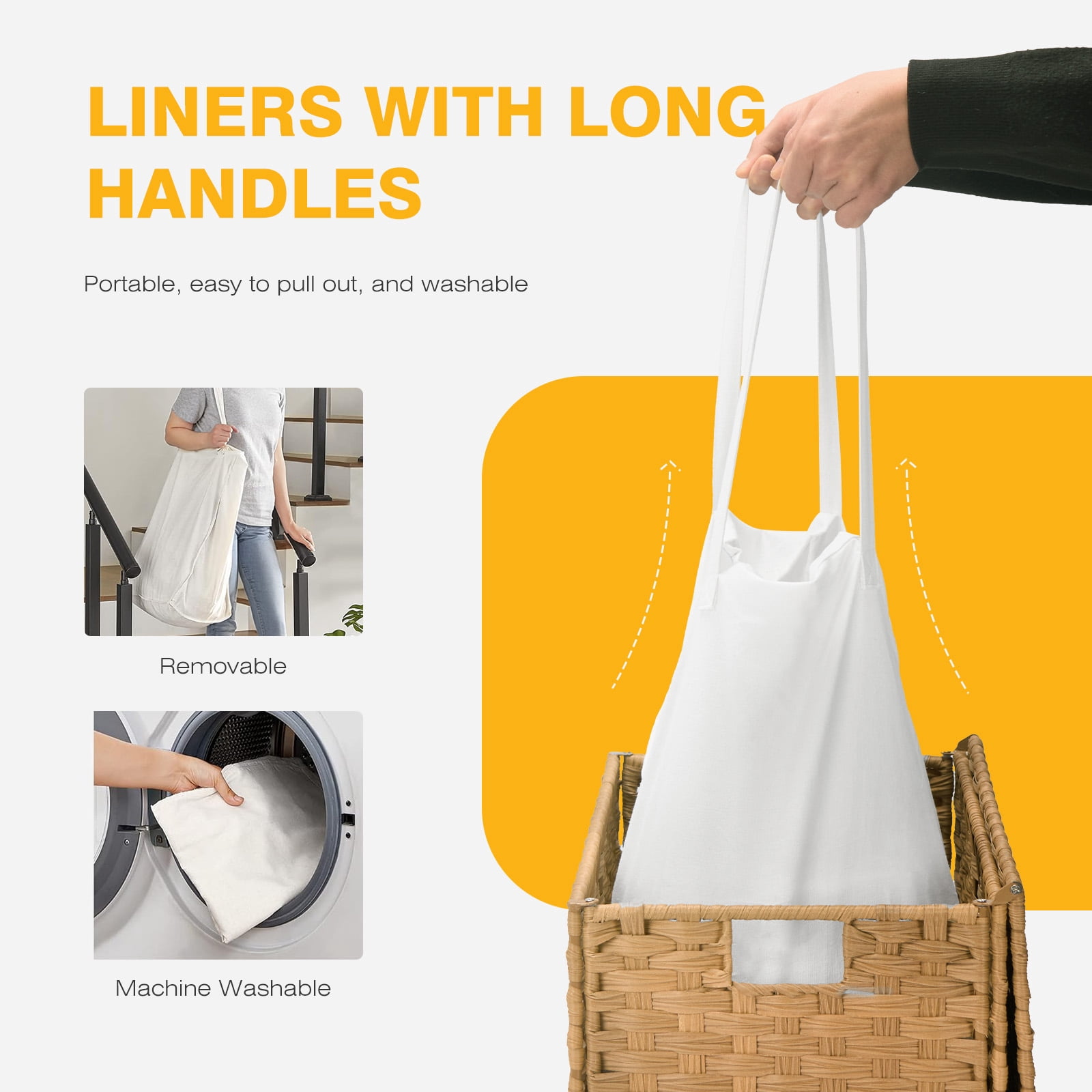 CONCETTA Laundry Hamper with lid, No Install Needed, 90L Wicker Laundry Baskets Foldable Removable Liner Bags, Yellow