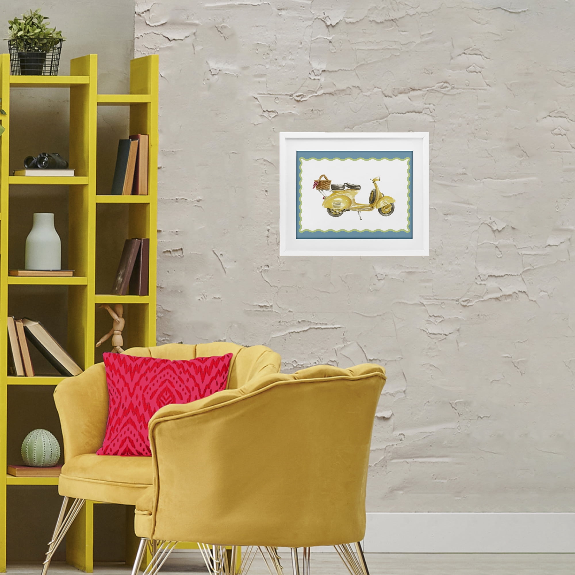 Stupell Industries Yellow Vespa with Wavy Border White Framed Print Under Glass, design by Lanie Loreth