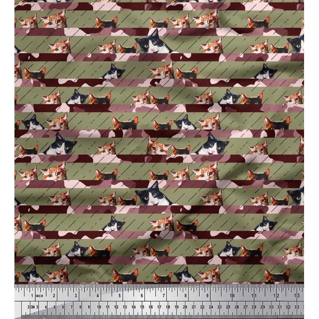 Soimoi Rayon Fabric Diagonal Stripe & Cat Face Animal Fabric Prints By Yard 56 Inch Wide
