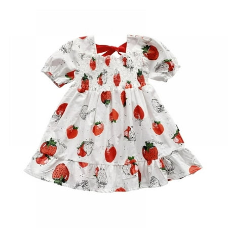 

Alvage Toddler Baby Girls Puff Sleeve Dresses Strawberry Pattern Dresses Bow Dress