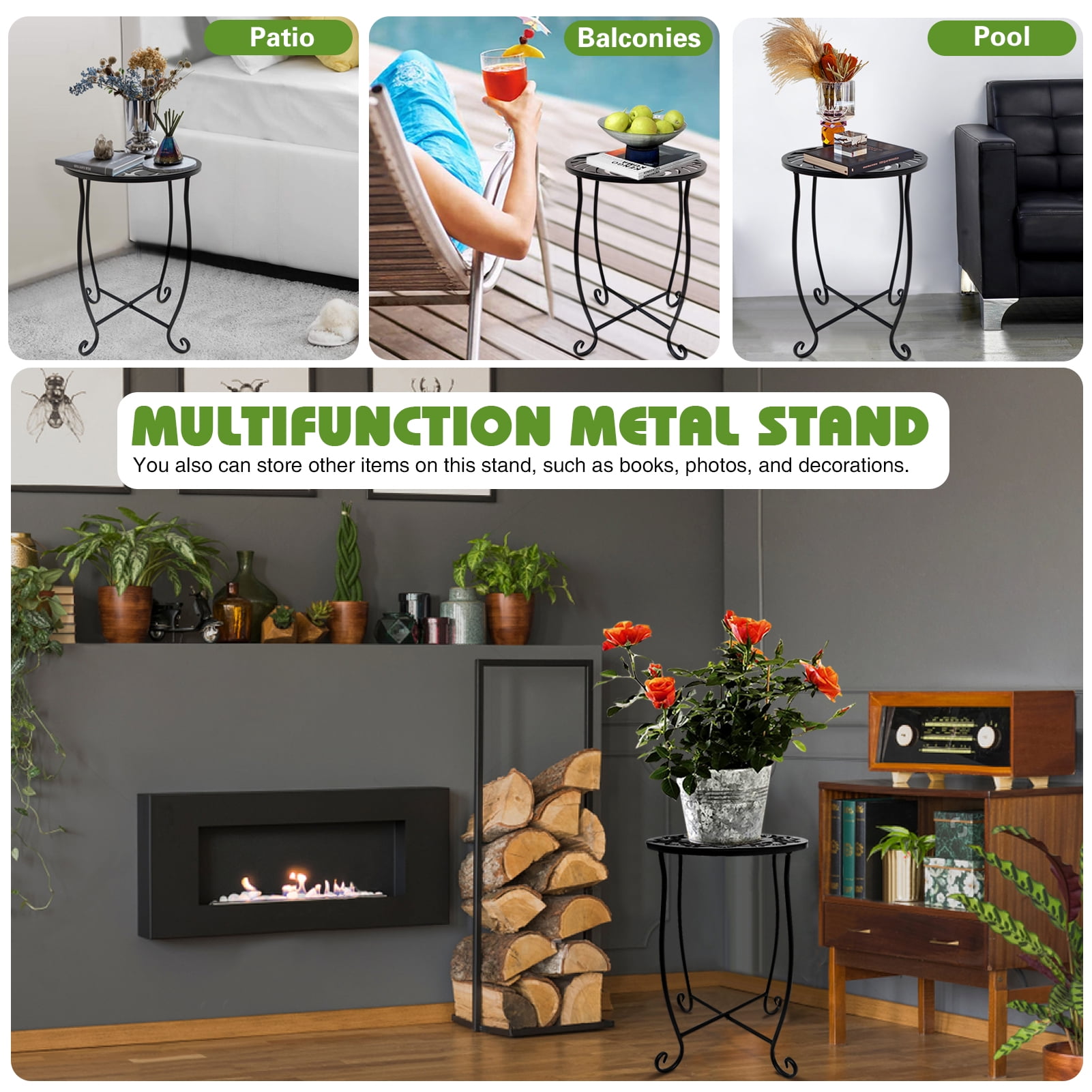 2 Pack Indoor Outdoor Side Tables, Weather Resistant Metal Patio Side Table, Small Round Outdoor End Table Side Table for Patio Yard Porch Balcony Garden Bedside, Plant Stand for Indoor Outdoor