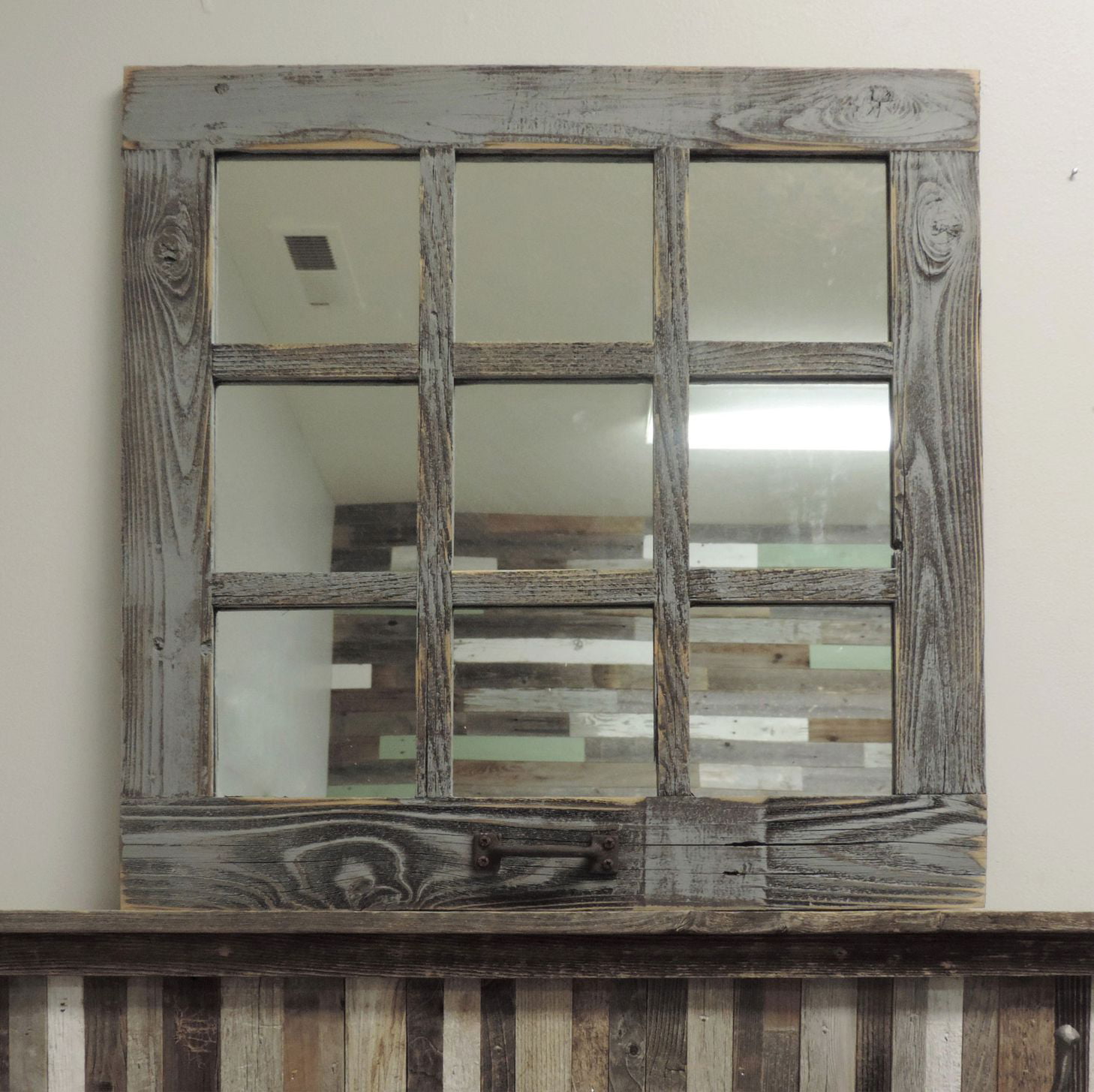 Square Window Style 9 Pane Mirror, Blue Distressed Wood Mirror