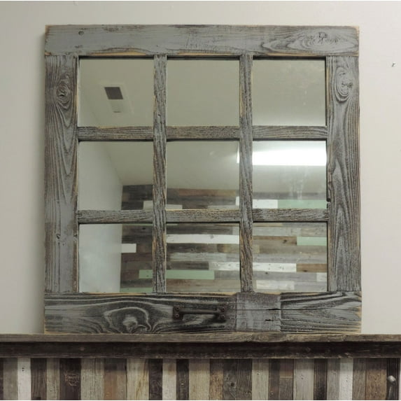 Square Window Style 9 Pane Mirror, 24x24 Rustic Reclaimed Barn Wood Frame, Decorative Small Kitchen, Bathroom, Entryway Wall Hanging Decor. Distressed Wooden Decor Sage and White-Without Handle