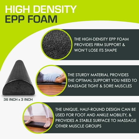 ProsourceFit High Density Half-Round Foam Rollers 12”, 18, 36 Black