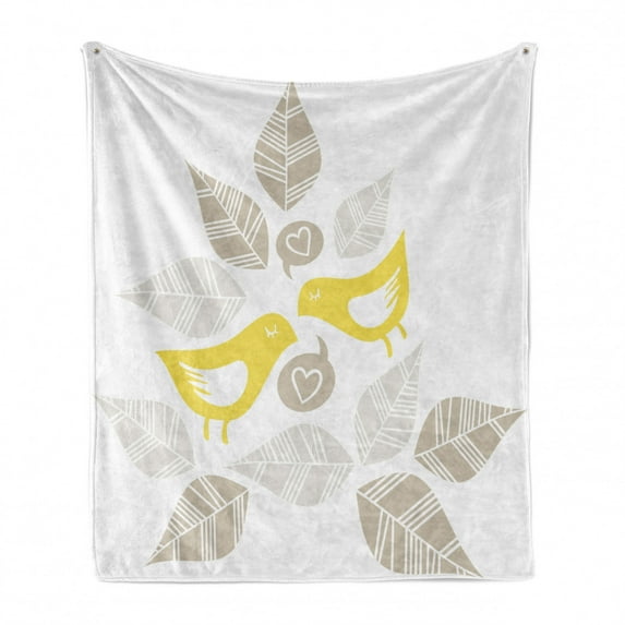 Bird Soft Flannel Fleece Throw Blanket, Abstract Modern Art Deco Design Inspired Birds and Leaves Illustration, Cozy Plush for Indoor and Outdoor Use, 50" x 60", Warm Taupe Yellow White, by Ambesonne