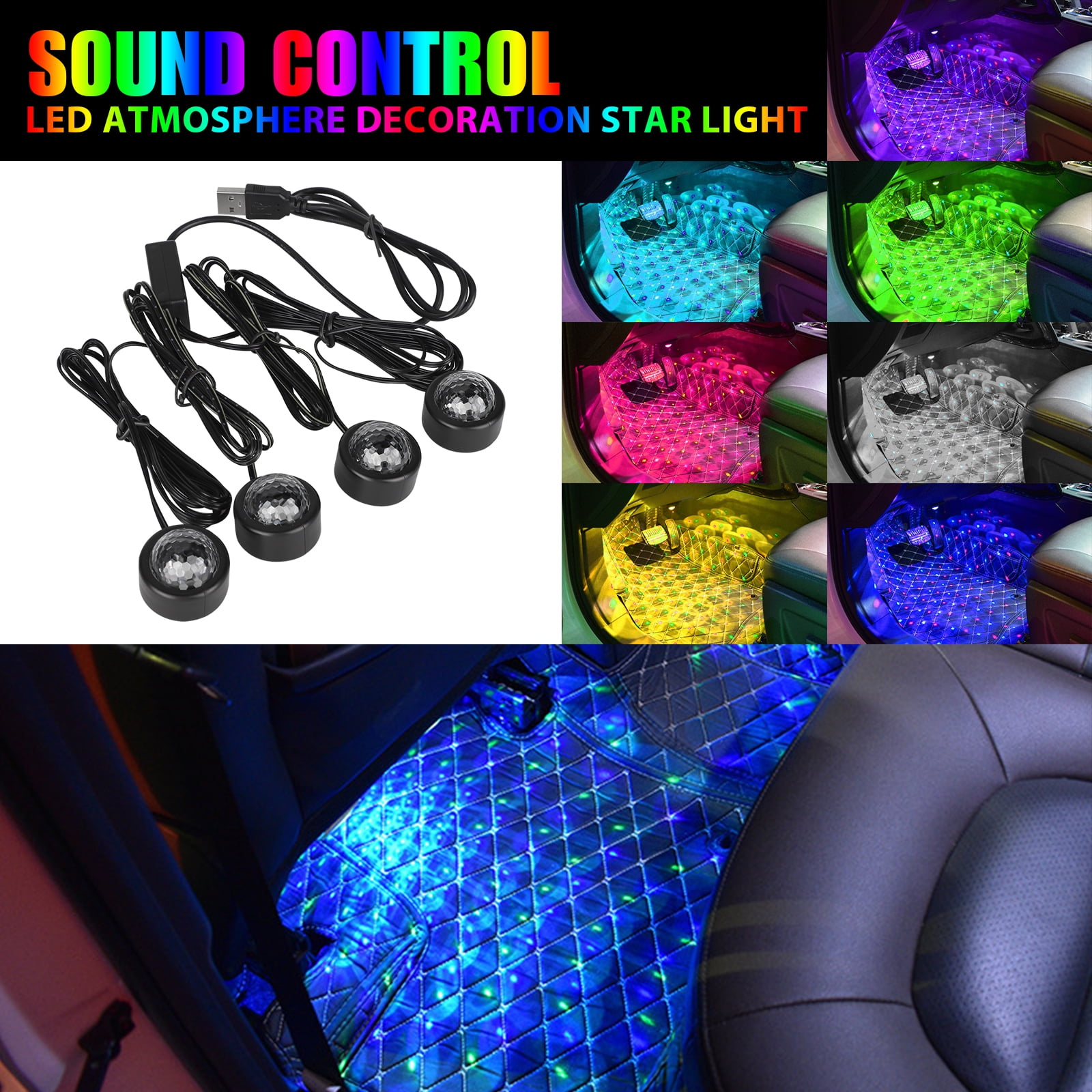 Car interior Atmosphere Lights Led Strip Lights USB Port 48 LED Multi-color Footwell Decorative Neon Lightning Kit 12V RGB Dimmable Music Sound-activated Waterproof Explosion-proof 