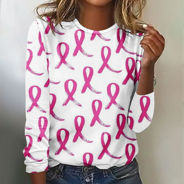 cllios T-shirts pour Femmes contre le Cancer du Sein Ruban Rose T-shirts Graphiques Drôles Hauts à Manches Longues Blouse Chic Décontractée Cadeaux pour Survivantes du Cancer du Sein T-shirts
