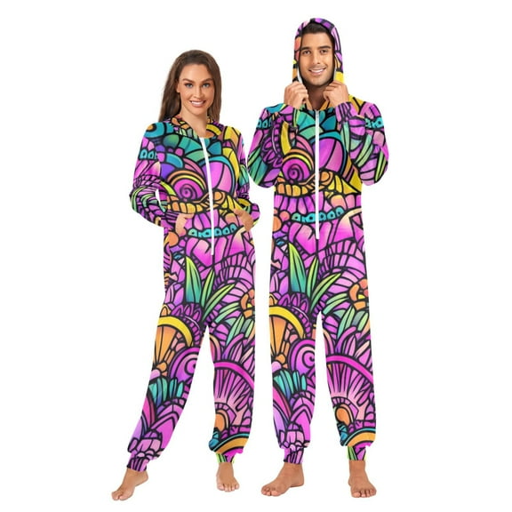 Vibrant Floral Swirls Adult onesie Pajamas, Crystal Velvet Ultra Soft Warm Jumpsuit for Men and Women
