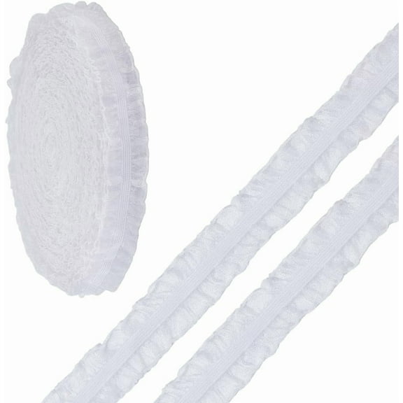 25 Yards White Elastic Ruffled Lace Ribbon 1 Inch Polyester Stretch Double Pleated Lace Organza Sewing Trim Tape for DIY Clothing Dress Hat Home Decor Accessories and Gift Wrapping White