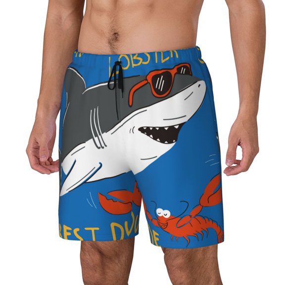 Logiee Shark With Sunglasses and Lobste Print Men's Swim Trunk,Quick Dry Board Shorts ,Men's Swim Trunks with Compression Liner, Bathing Suits with Pockets-Small