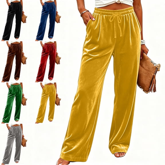 MLCDZ Women's Elastic Waist Drawstring Velour Loose Wide Leg Fall Pants Long Palazzo Casual Lightweight Jogger Indoor Activities Trousers with Pockets