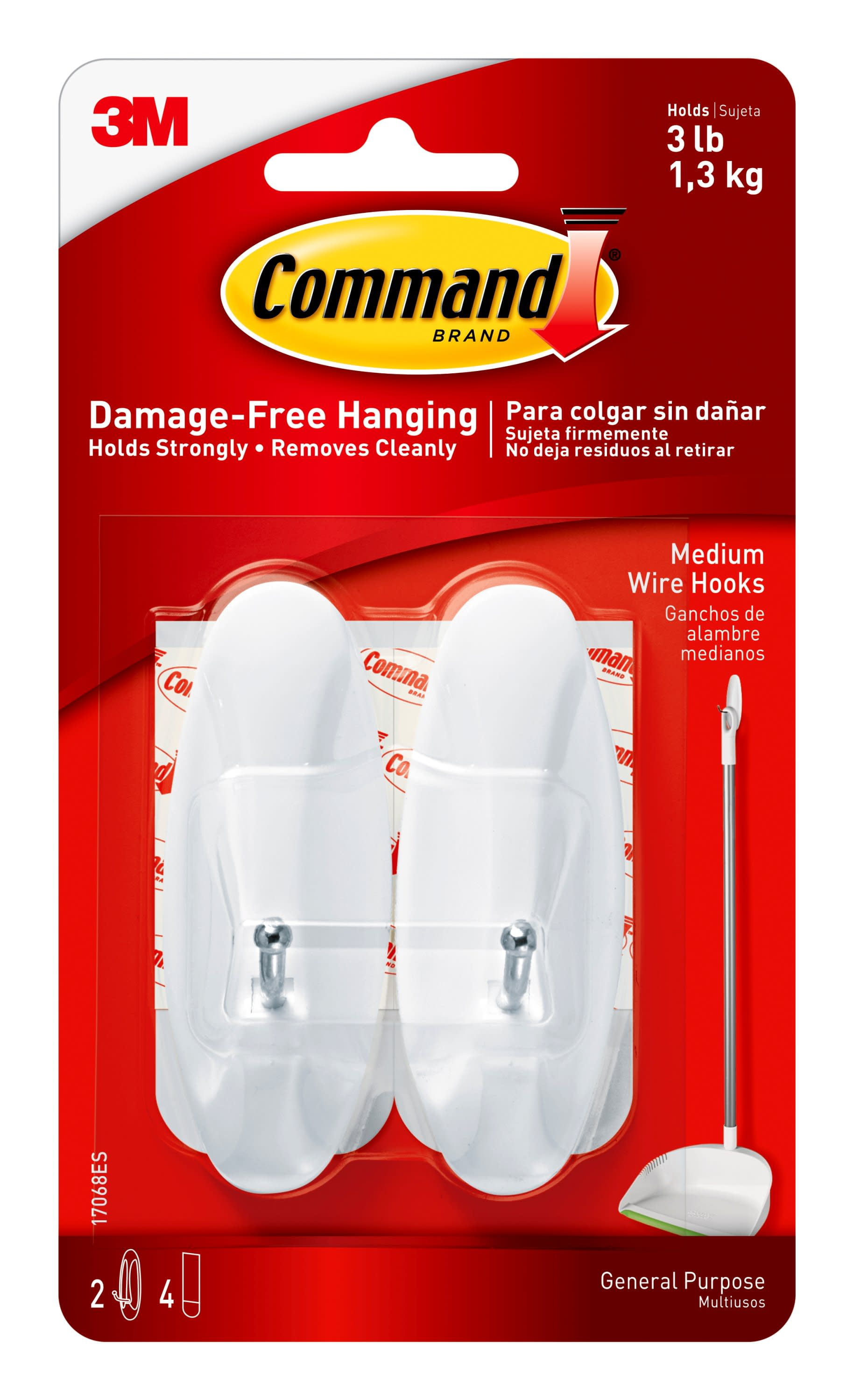 Command™ Medium Wire Hooks, White, 2 Hooks, 4 Strips Per Pack