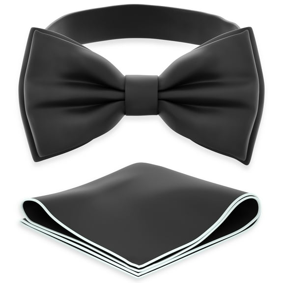 Men's Black Bow Tie with Handkerchief Set Pre-Tied Style Formal Satin Classic Bowtie for Tuxedo Faux Silk, by Adam Young (Large, Black)