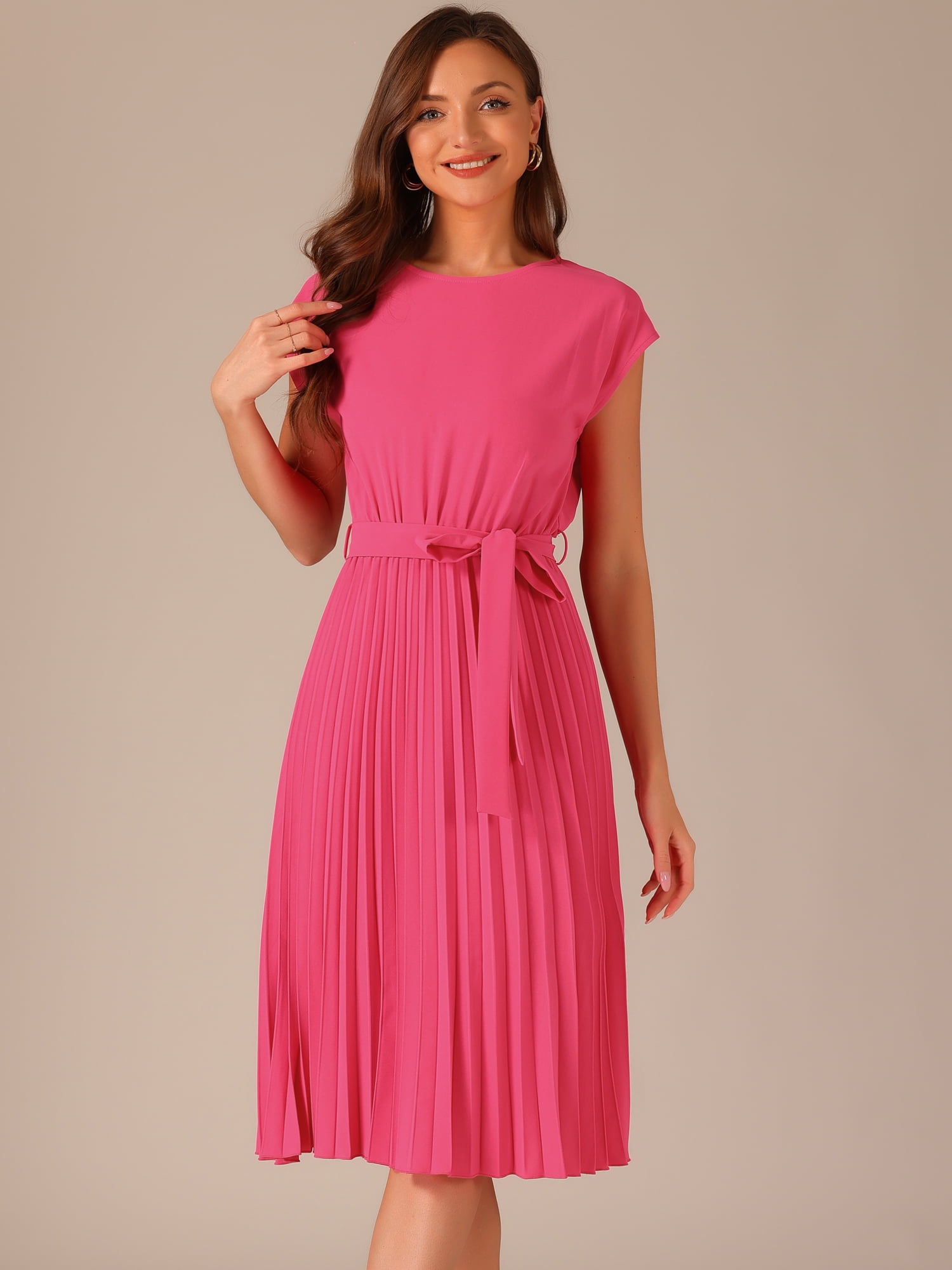 DARING DIVA Pleated Dress Sleeveless Tie Waist A-Line Dress XS Hot Pink