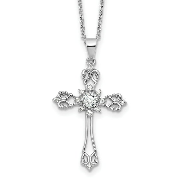 Vintage Style Sterling Silver Cross Pendant Necklace for Men and Women with Diamond Halo CZ Accents White Gold Finish Milgrain Filigree Design Polished Religious Faith Jewelry