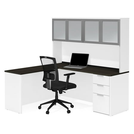 Bestar Pro-Concept Plus L-Shaped Desk with Glass Door Hutch and Optional Keyboard