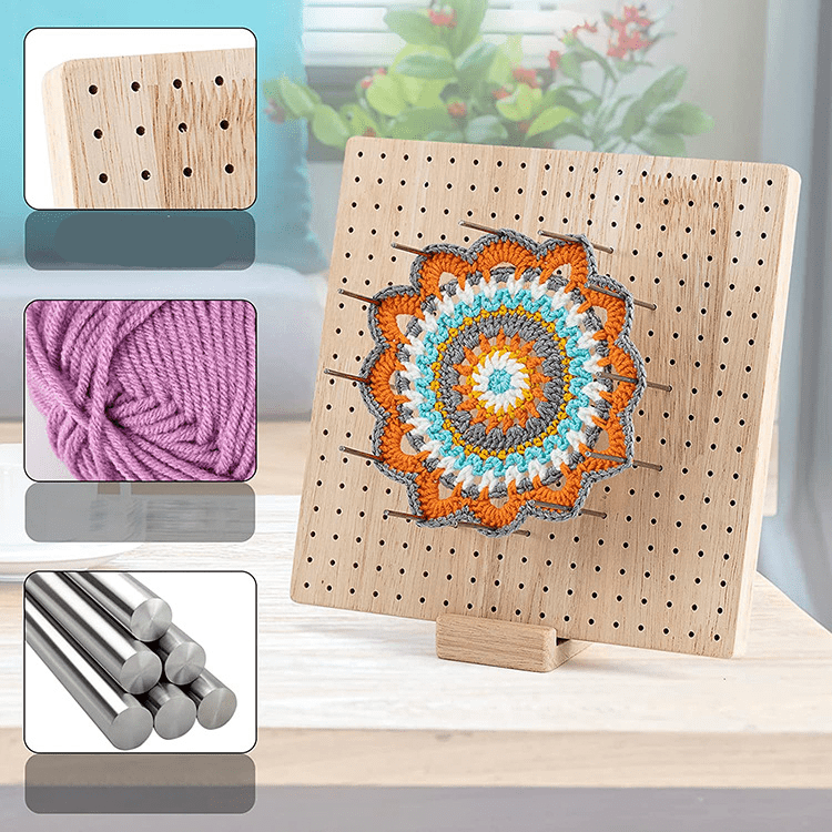Rubber wood 9.25-inch foldable crochet hook blocking plate, wooden woven blocking plate used to block crochet hooks "(one plate+20 metal sticks+5 crochet hooks+6 rolls of yarn color random+32 pins)