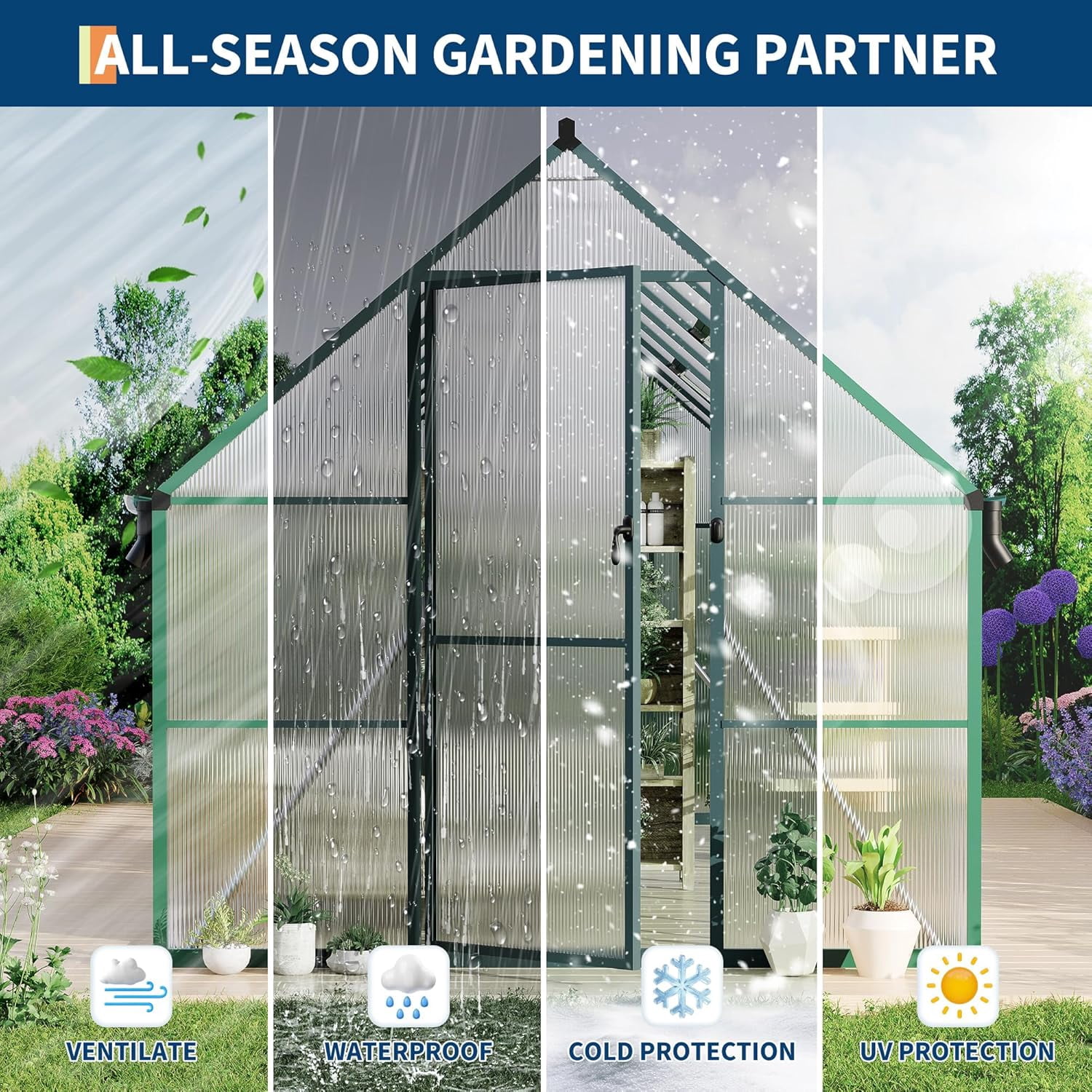 Senfot 8 x 16ft Walk-in Greenhouse Heavy-Duty Aluminum Frame Polycarbonate Panels Quick Setup Roof Vent Large Outdoor Greenhouse Kit for Garden Backyard Green