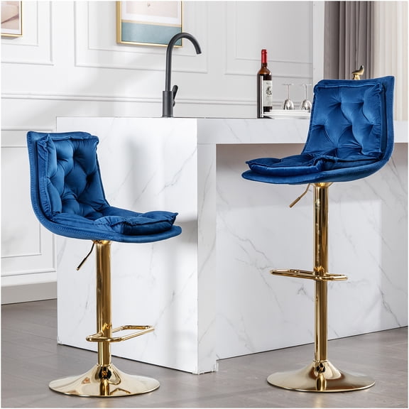 JERFIT Set of 2 Blue Velvet Bar Stools with Swivel Base, Chrome Footrest and Adjustable Height for Kitchen Island, Counter or Home Bar