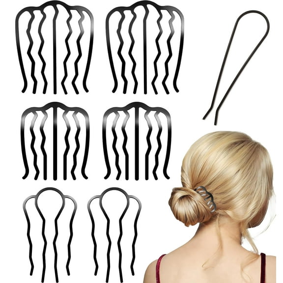 RUseeN Metal Hair Side Combs Set, Hair Fork Clip Hair Pins for Buns U Shape Hair Combs for Vintage Hairstyle Women Hair Styling Tool (7 Pcs Black)