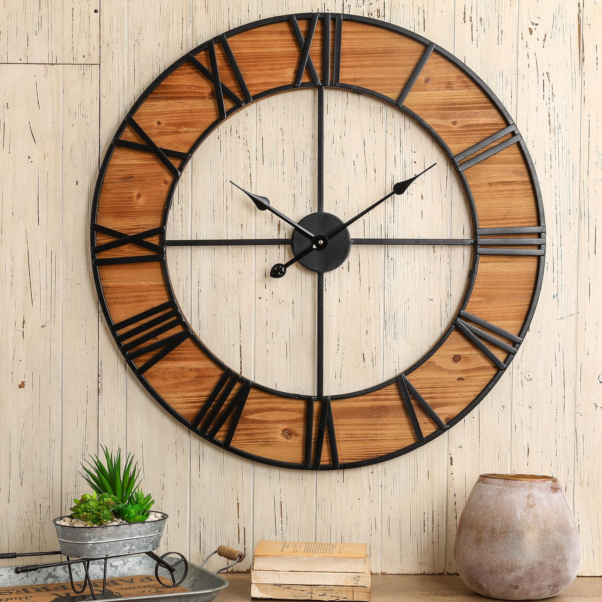 Glitzhome 30.00"D Oversized Farmhouse Wooden & Metal Wall Clock