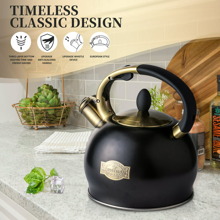 SUSTEAS Retro Tea Kettle for Stove Top, 2.64QT Whistling Teapot with  Ergonomic Handle, White