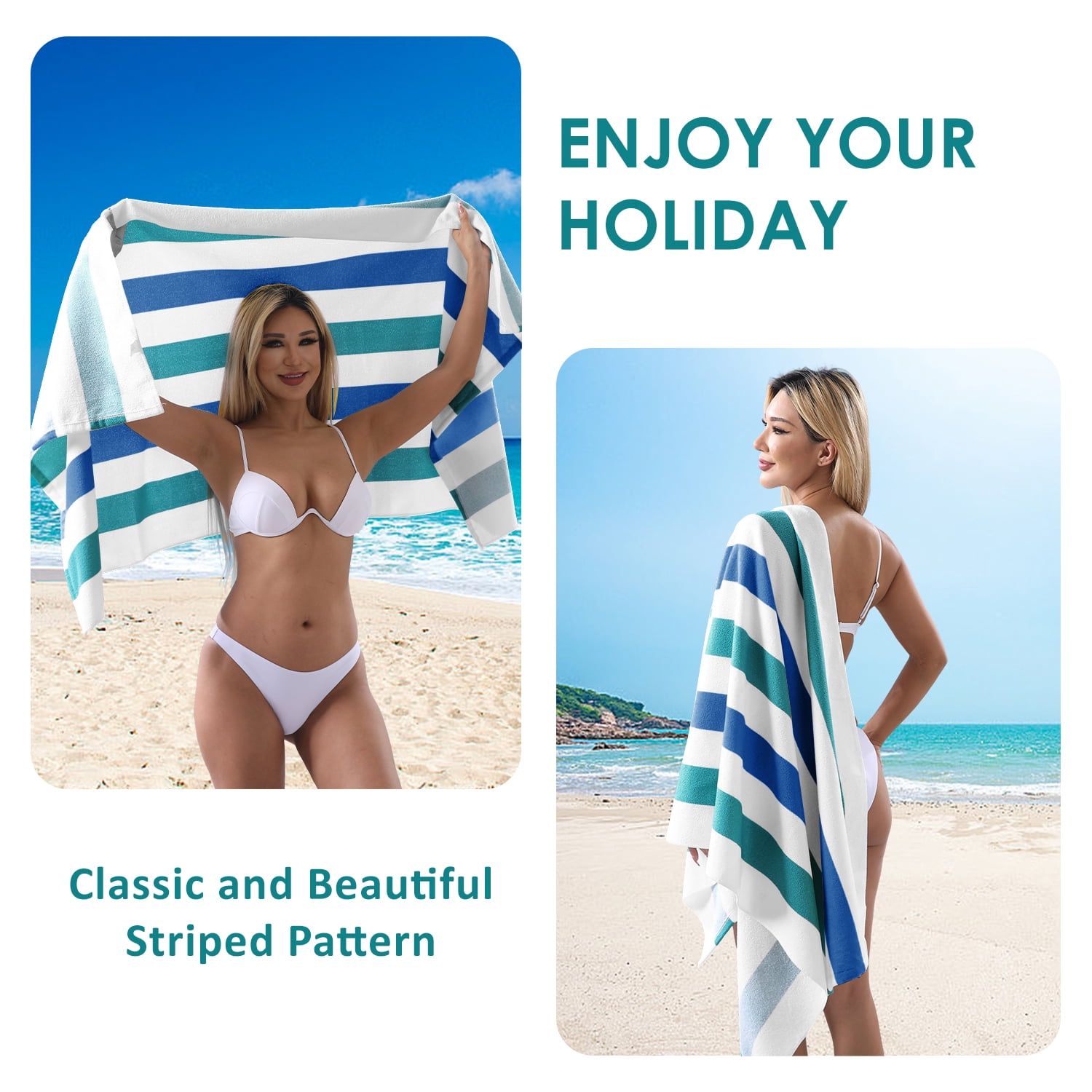 Smuge 4 Pack Cabana Stripe Beach Towels, 60x30 inches Microfiber Lightweight Outdoor Large Swim Towel for Adults (Dark Green Blue)