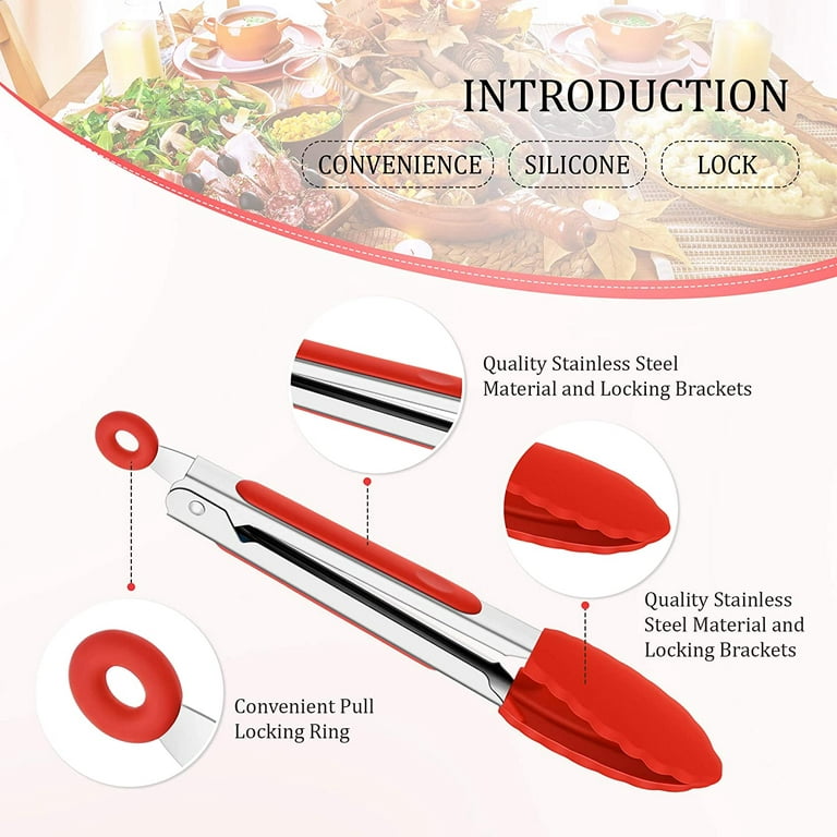 7 Inch Silicone small Tongs Set, mini Kitchen tongs with Silicone Tips Food  Tongs Stainless Steel Cooking Tongs for Salad, Grilling, Frying and