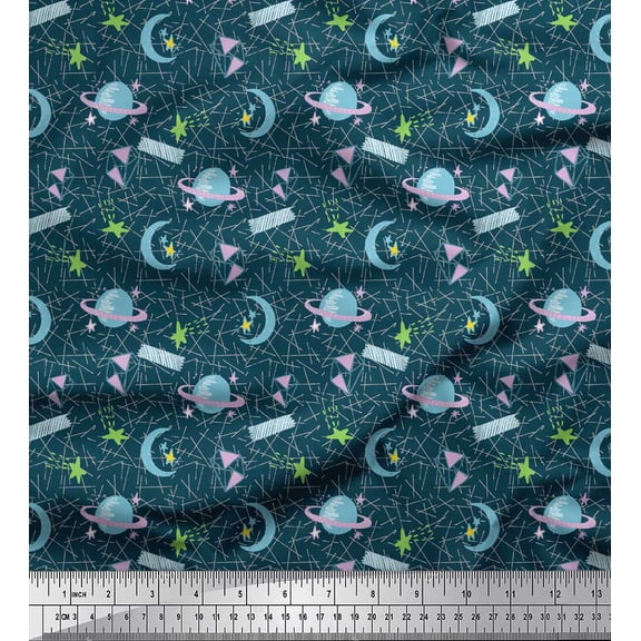 Soimoi Blue Rayon Fabric Moon & Stars Galaxy Decor Fabric Printed Yard 56 Inch Wide