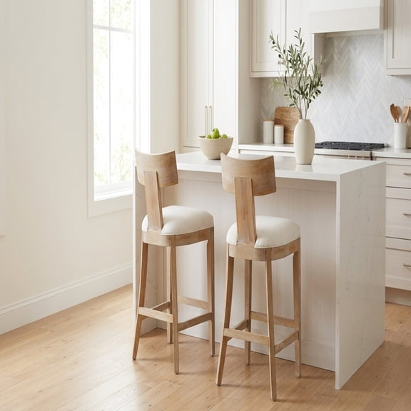 27" Counter Height Bar Stools, Set of 2, Upholstered Beige Fabric with Natural Rubber Wood Frame