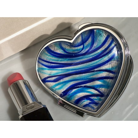 - Murano art deco heart compact mirror silver and blue colored glass