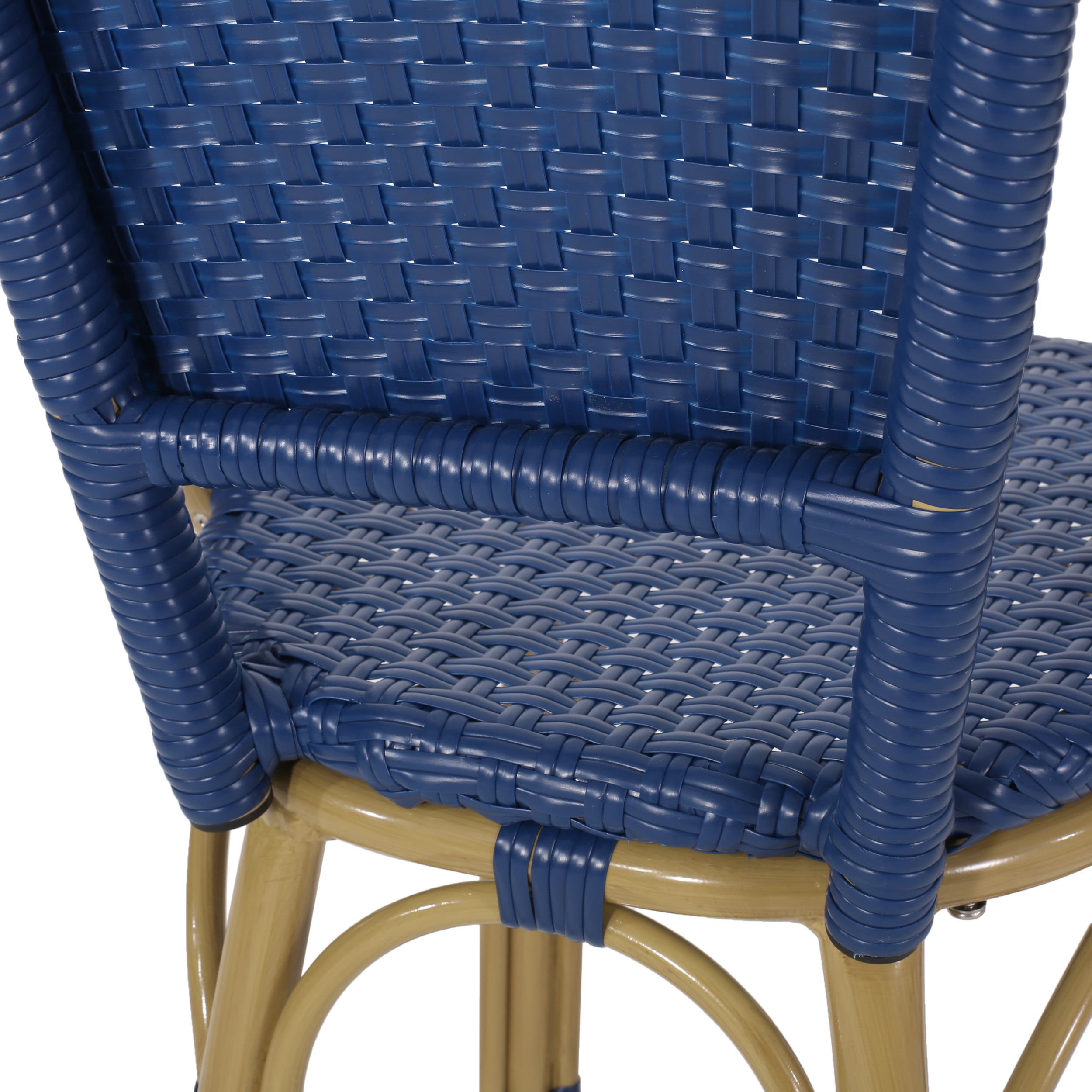 Cortina Wicker and Aluminum Outdoor 29.5 Inch Barstools, Set of 2, Navy Blue and Bamboo Finish