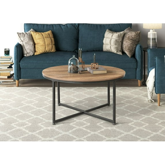 MDF Round Modern Living Room Coffee Table with X Frame Legs and Metal Frame for Living Room, Natural Wood