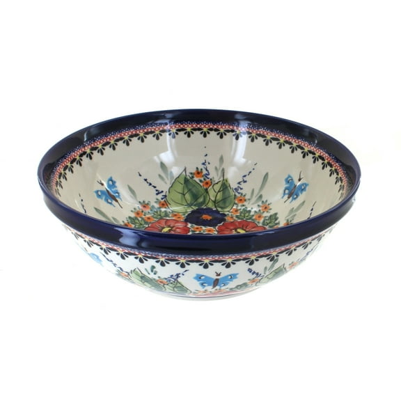 Blue Rose Polish Pottery Floral Butterfly Large Serving Bowl