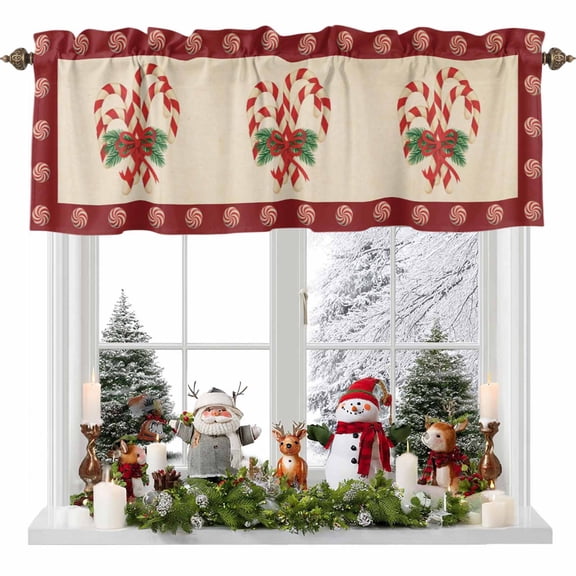 Christmas Candy Cane Valances for Windows, Red Beige Candy Winter Pine Branch Rod Pocket Valance Short Window Treatments Curtains for Kitchen Bathroom Bedroom Decor, 42 x 12 Inches
