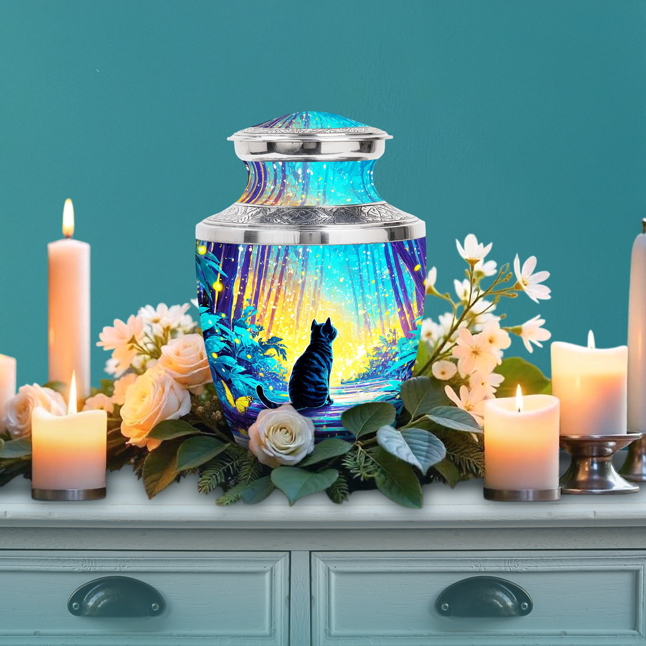 SABURIAL Cat Funeral Decorative Urns - Memorial Urn Human Ash - 10 Inch - Large with Velvet Bag - Unique Urn for Human Ashes - Adult Large Urns for Male & Female - Cremation for Ashes