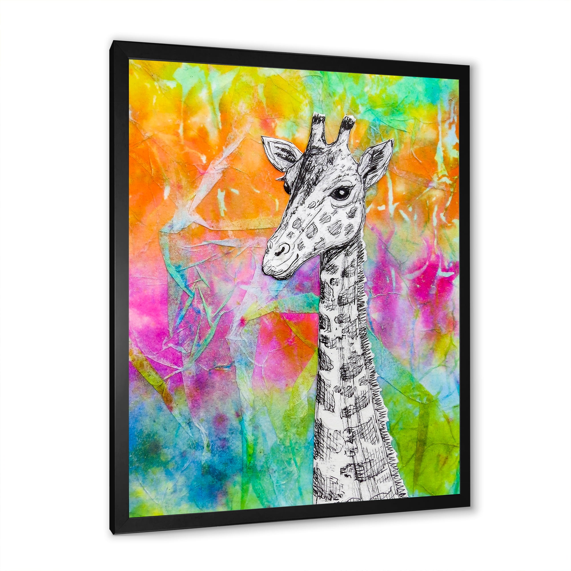 Designart 'Monochrome Giraffe Drawing On Bright Rainbow' Children's Art Framed Art Print