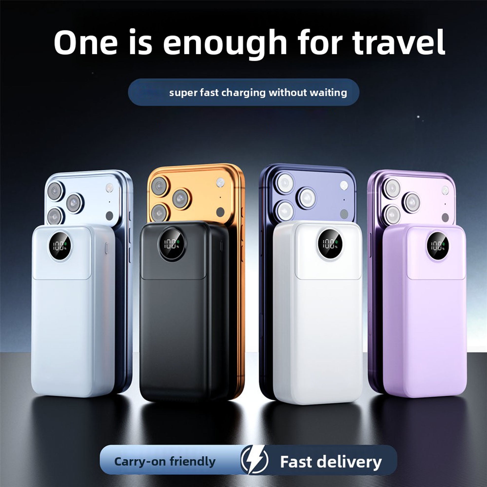 50000mAh Mini Portable Power Bank with Built-in 4 Cables (Micro/Type-C), Fast Charging, Smart LCD Display & Ultra-Bright LED Flashlight, - Battery Pack for Smartphones, for outdoor Travel Charger