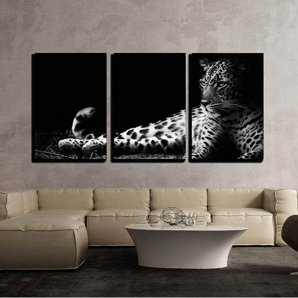Wall26 3 Piece Canvas Wall Art - Black and White Image of a Leopard