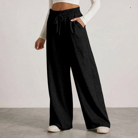 Nestiefly Wide Leg Linen Pants Womens Summer Loose Beach Pants for Women Vacation Lightweight Straight Leg Trousers with Pockets 2026 Black L