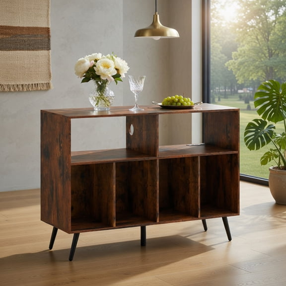 Topcobe Record Player Stand with Charging Station and Open Shelves, End Tables Living Room, Modern Furniture for Home-Rustic Brown
