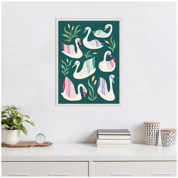 Kate and Laurel Swans Pond Framed Canvas Wall Art by Rachel Lee 18 x 24 Sylvie Beaded White, Modern, Abstract, Animals Art for Wall Decor, Living Room, Bedroom