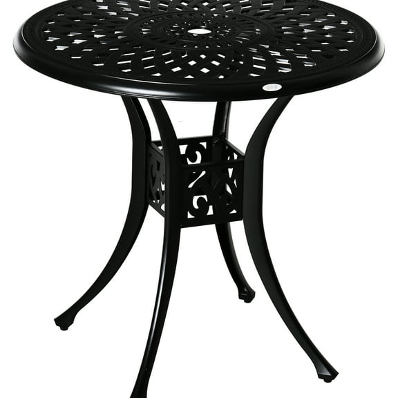 30" Round Patio Table With Umbrella Hole, Cast Aluminum Antique Outdoor Bistro Table, Black. Weather-, Stable Ground Design Option Build, Legs
