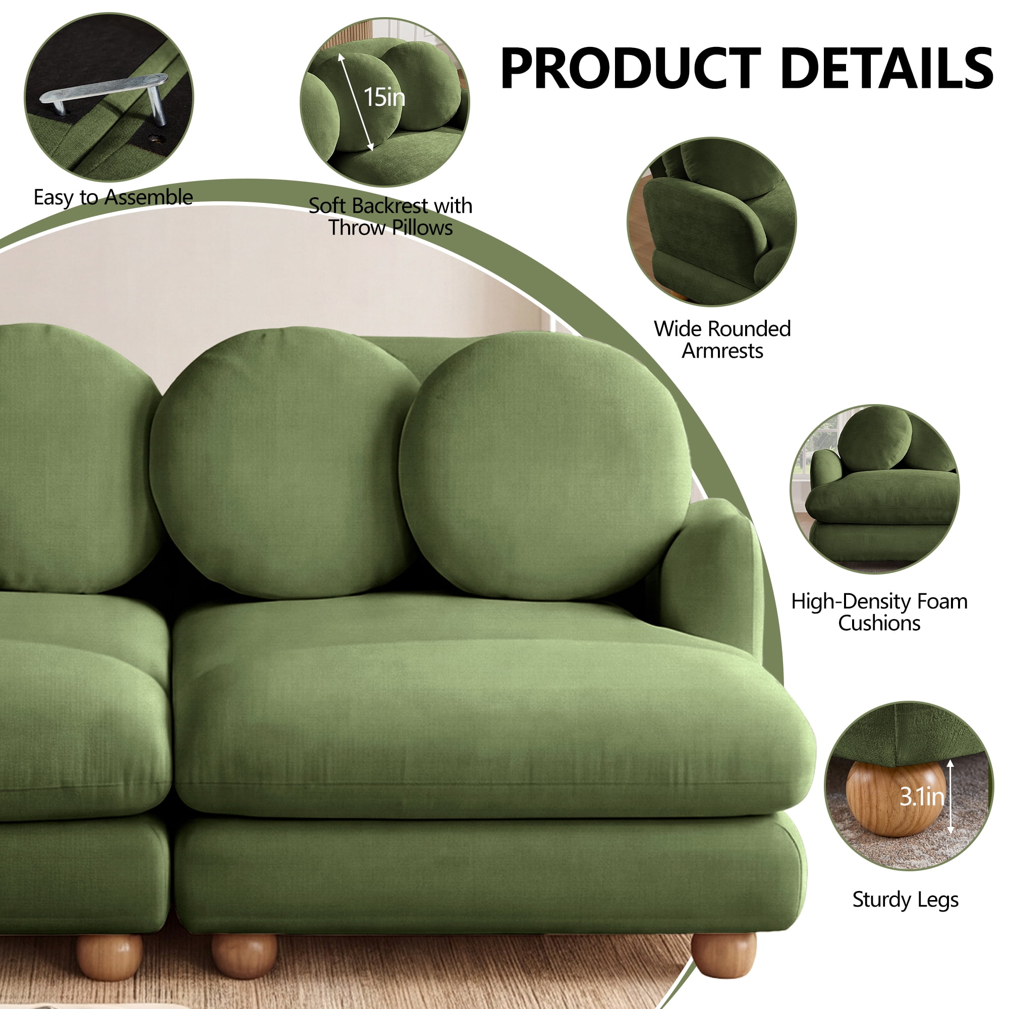 95" U-shaped 5 Seater Chenille Modular Sectional Sofa Couch with 6 Throw Pillows and 2 Ottoman