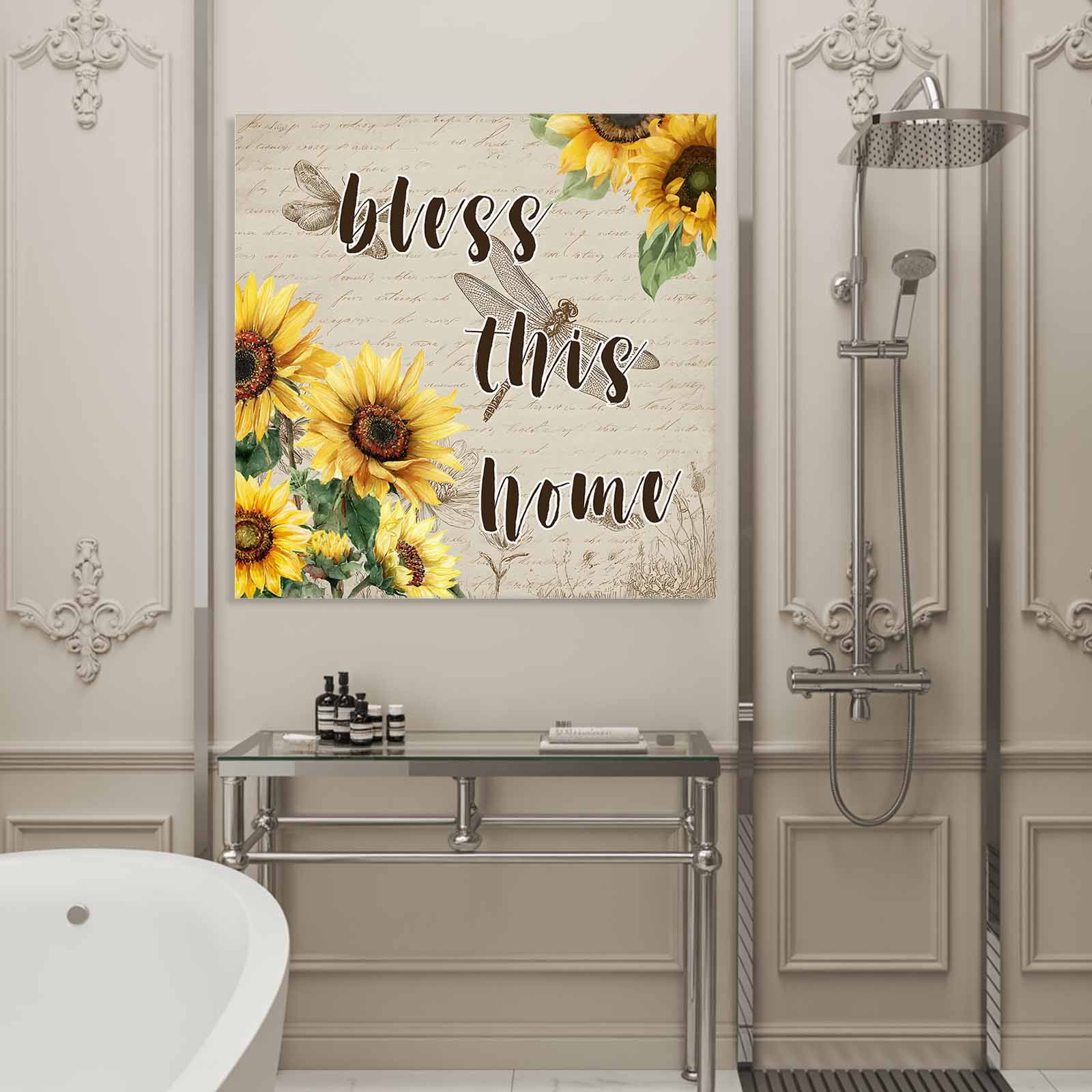 Blesses This Home Framed Canvas Wall Art, Sunflower Floral Dragonflies Farm Vintage Wall Art Painting for Living Room Bedroom Home Decor, 12”x12”, Office Artwork Print